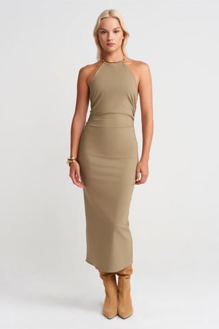 Dilvin Halterneck Midikleid, figurbetont - Khaki