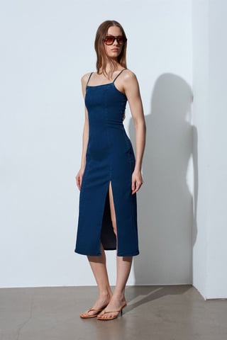 Damen ärmelloses Bodycon Midi Jeanskleid