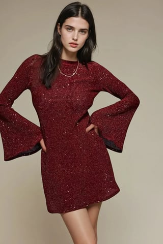 Burgunderfarbenes Mini-Pailletten-Kleid mit Engelärmeln