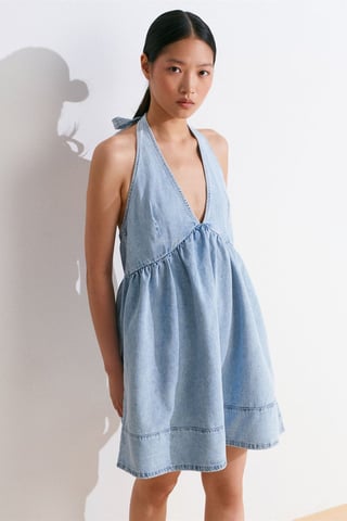 Mini Baumwoll-Denim Halterkleid