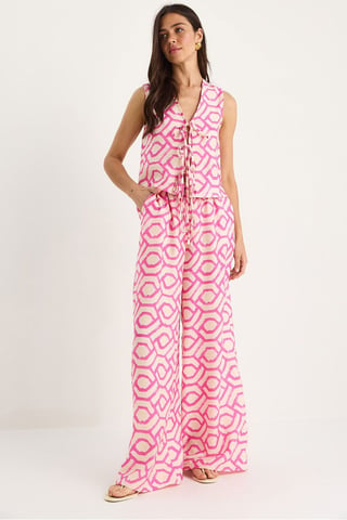 Geometrisches V-Ausschnitt Langarm-Tunika und Weite Hose Set