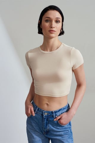 Damen Crop Slim-Fit Rundhalsausschnitt T-Shirt