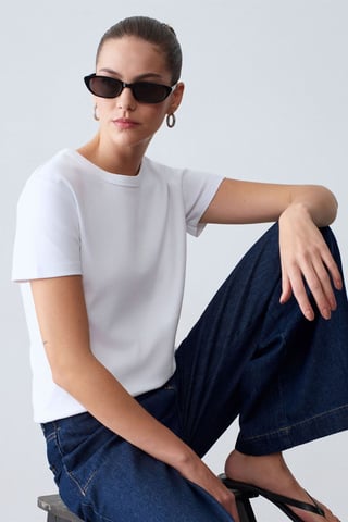 Damen Unifarbene Rundhalsausschnitt T-Shirt