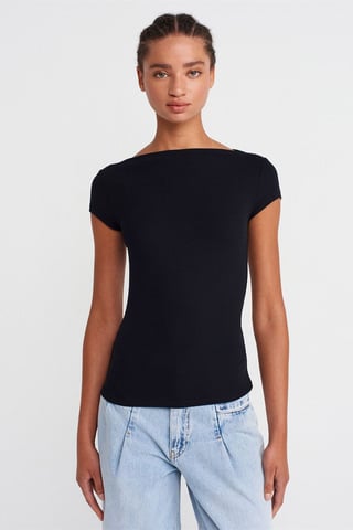 Damen Rippstrick Boot-Ausschnitt Slim Fit T-Shirt