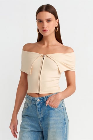Damen Off-Shoulder Crop-T-Shirt mit Reißverschluss