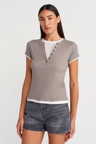 Damen Baumwoll V-Ausschnitt Knopf T-Shirt