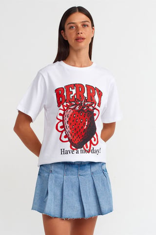Dilvin Damen-T-Shirt aus Baumwolle mit Rundhals und Print - Weiß