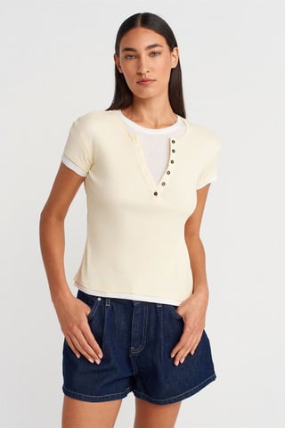 Damen Baumwoll V-Ausschnitt Knopf T-Shirt
