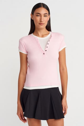 Damen Baumwoll V-Ausschnitt Knopfen T-Shirt