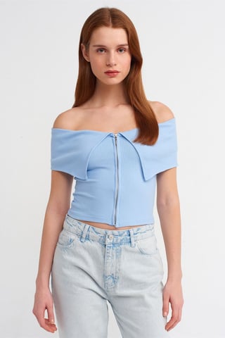 Dilvin Crop-Top mit schulterfreiem Design und Reißverschluss - Hellblau