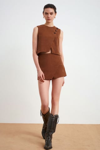 Dilvin Mid-Waist A-Linien Minirock aus Kunstleder - Camel