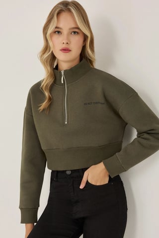Hiccup Kurz geschnittenes Sweatshirt mit Reißverschlusskragen und Slogan - Khaki