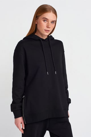 Dilvin Oversized Baumwoll-Kapuzenpullover mit Reißverschluss vorne - Schwarz
