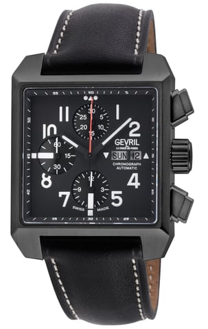 Gevril Herren Herald Square Chronograph IP/BLK Gehäuse, schwarzes Zifferblatt, schwarzes handgefertigtes italienisches Lederarmband Uhr