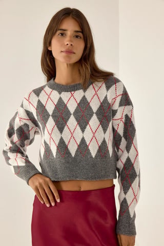 Crew-Neck-Crop-Pullover mit Rautenmuster
