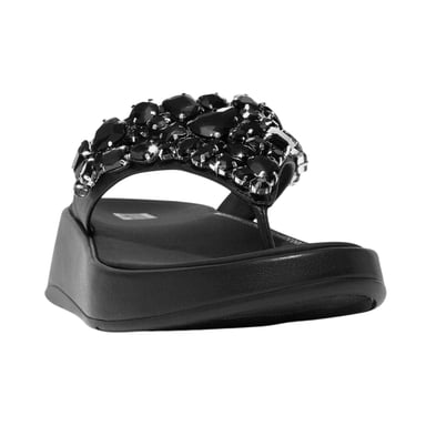 FitFlop - Mit Juwelen besetzt Sandalen für Damen, Leder, flach geformter Absatz (Schwarz)