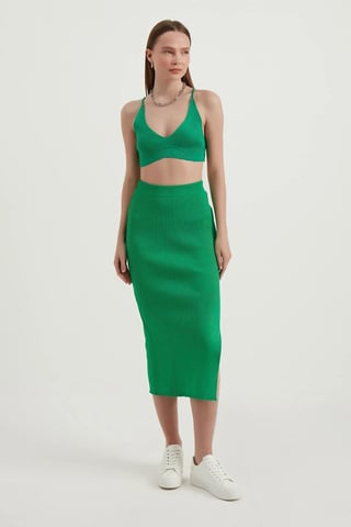 2 Teile: V-Ausschnitt Bodycon Crop Top & Hohe Taille Maxi mit Seitenschlitz