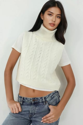 Rollkragen-Strickpullover-Weste mit Haargflecht-Muster