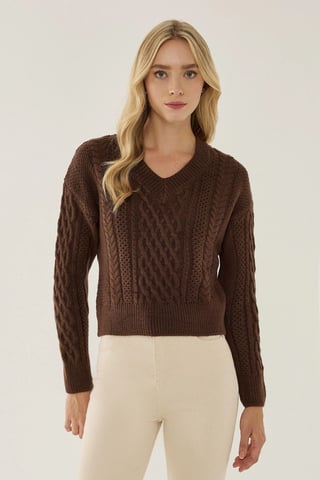V-Ausschnitt Haarknoten Strickpullover