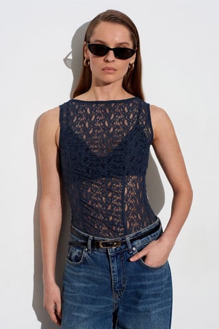 Dilvin Taillierte ärmellose Bluse aus Spitze - Marineblau