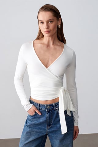 Damen Crop-Wrap-Bluse mit Bindeband