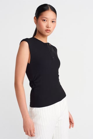 Ärmellose Rippstrick-Bluse mit Knopfleiste