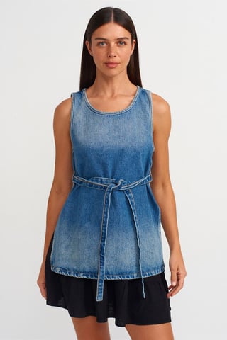 Baumwolle Denim Tunika-Bluse mit Bindeband