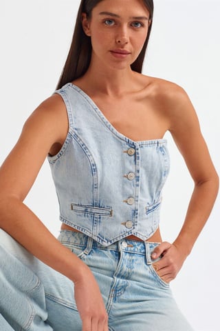 Taillierte Baumwoll-Denim-Top-Bluse