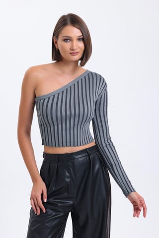 Gestreifte Ein-Schulter Gestrickte Rippen Cropped Bluse