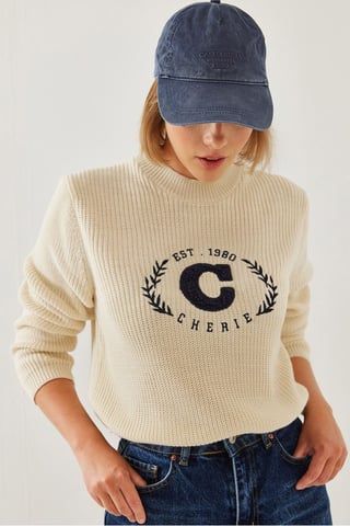 Bestickter Rundhalsausschnitt-Strickpullover