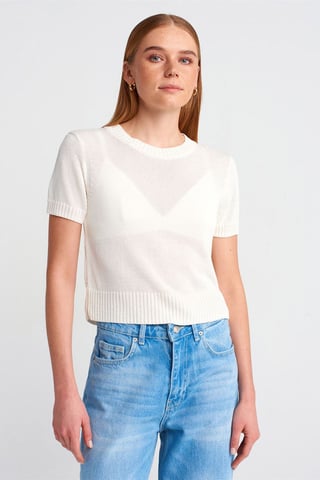 Damen Rippstrick Rundhals Kurzarmpullover