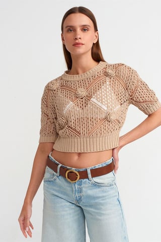 Damen Strukturierter Kurzpullover mit Rundhalsausschnitt