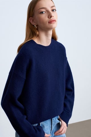 Damen Unifarbener Rundhals-Rippstrickpullover