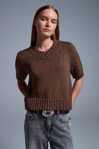 Damen V-Ausschnitt Rippstrickpullover