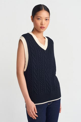 Damen V-Ausschnitt Sweater-Weste mit Zopfmuster