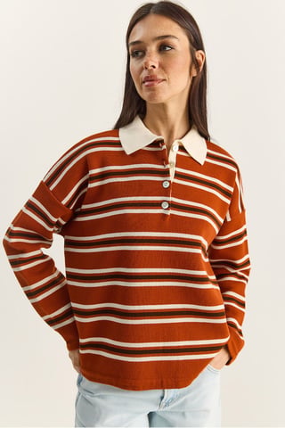 Gestreifter Polo-Kragen Knopf-Pullover