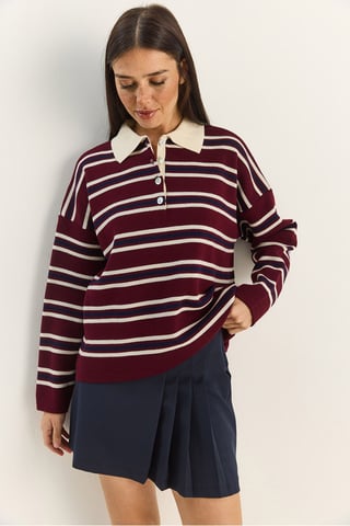 Gestreifter Polo-Kragen Knopf-Pullover