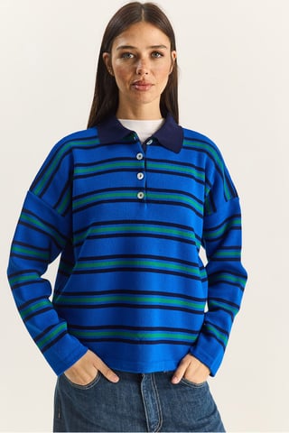 Gestreifter Polo-Kragen Knopf-Pullover