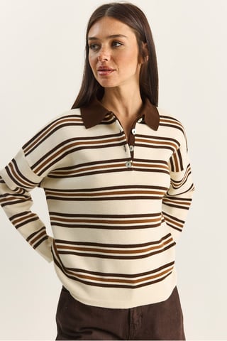 Gestreifter Polo-Kragen Knopf-Pullover