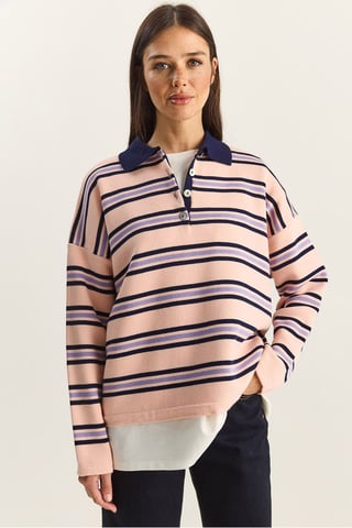 Gestreifter Polo-Kragen Knopf-Pullover