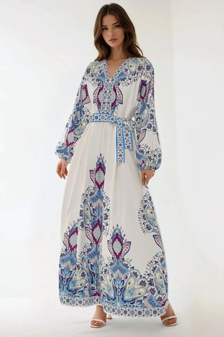 Bedrucktes V-Ausschnitt Maxikleid mit Gürtel