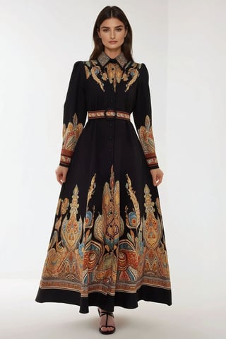 Bedrucktes Maxikleid mit langen Ärmeln und Gürtel