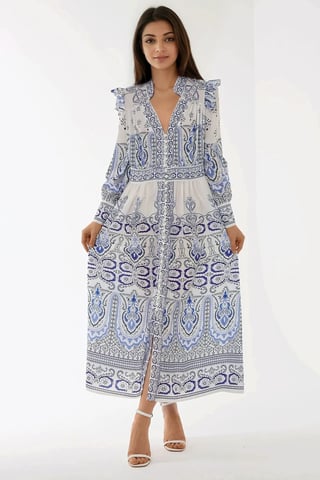 Bedrucktes V-Ausschnitt Maxikleid mit Rüschendetail
