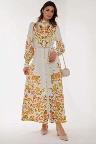 Bedrucktes Maxikleid mit langen Ärmeln und Gürtel