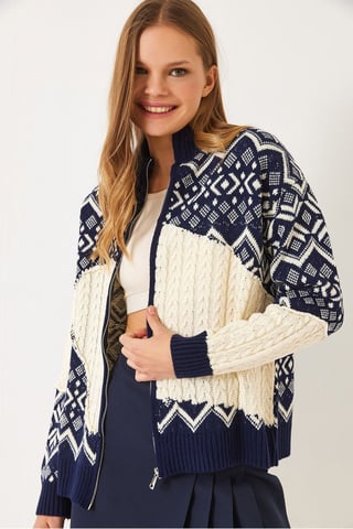 Geometrisches Muster Reißverschlusskragen-Cardigan