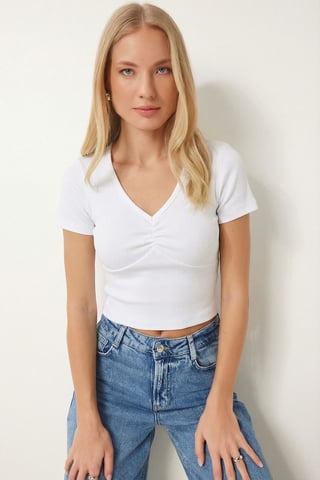 V-Ausschnitt Rippen Crop Top