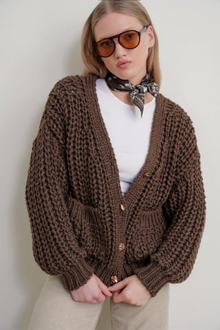 Übergroßer Gerippter Strickcardigan mit V-Ausschnitt und Taschen