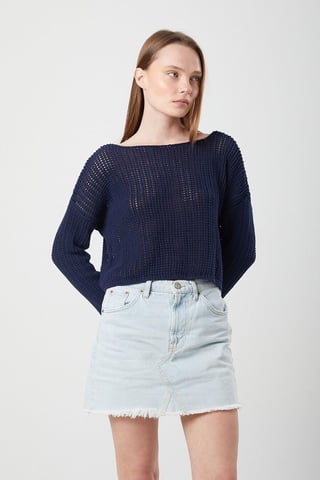 Mixray Offen gestricktes Crop-Top mit Bootsausschnitt - Marineblau