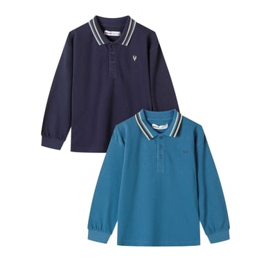 Minoti - Poloshirt für Jungen, Kontrastkragen, Langärmlig (2er-Pack) (Dunkelblau)