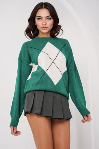 Übergroßer Argyle Rundhals-Pullover